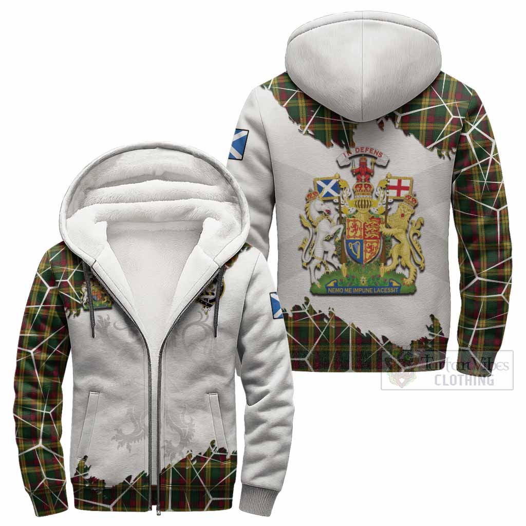 MacMillan (McMillan) Tartan Sherpa Hoodie with Family Crest and Lion Rampant Grunge Style