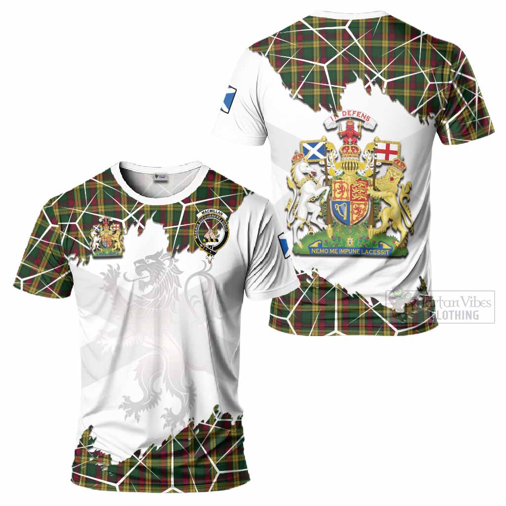 MacMillan (McMillan) Tartan T-Shirt with Family Crest and Lion Rampant Grunge Style