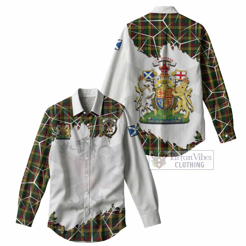 MacMillan (McMillan) Tartan Women Casual Shirt with Family Crest and Lion Rampant Grunge Style