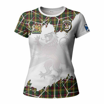 MacMillan (McMillan) Tartan Women T shirt with Family Crest and Lion Rampant Grunge Style