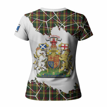 MacMillan (McMillan) Tartan Women T shirt with Family Crest and Lion Rampant Grunge Style