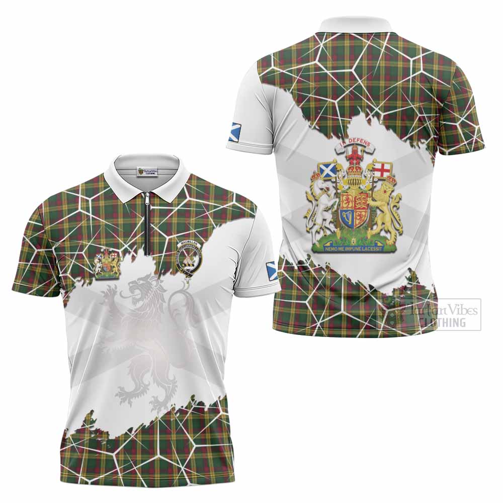 MacMillan (McMillan) Tartan Zipper Polo Shirt with Family Crest and Lion Rampant Grunge Style