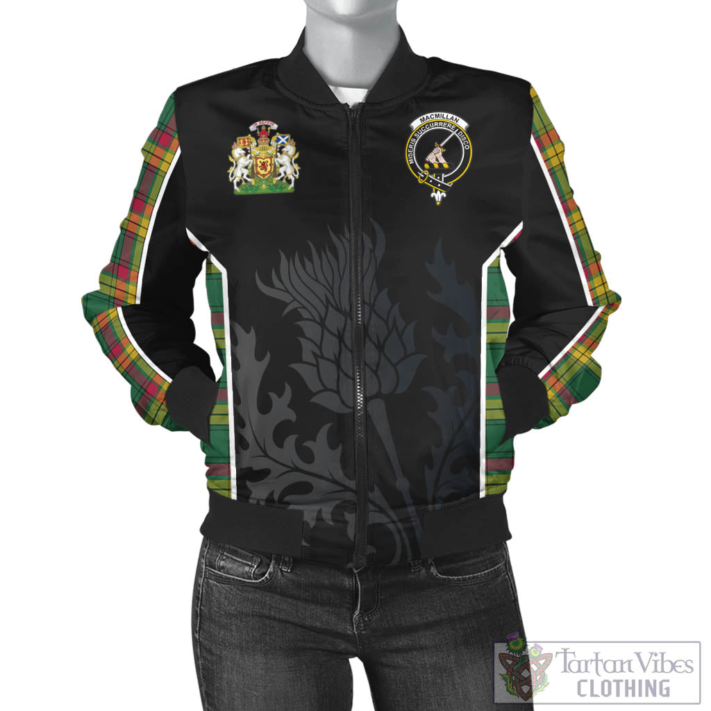 Tartan Vibes Clothing MacMillan Old Ancient Tartan Bomber Jacket with Family Crest and Scottish Thistle Vibes Sport Style