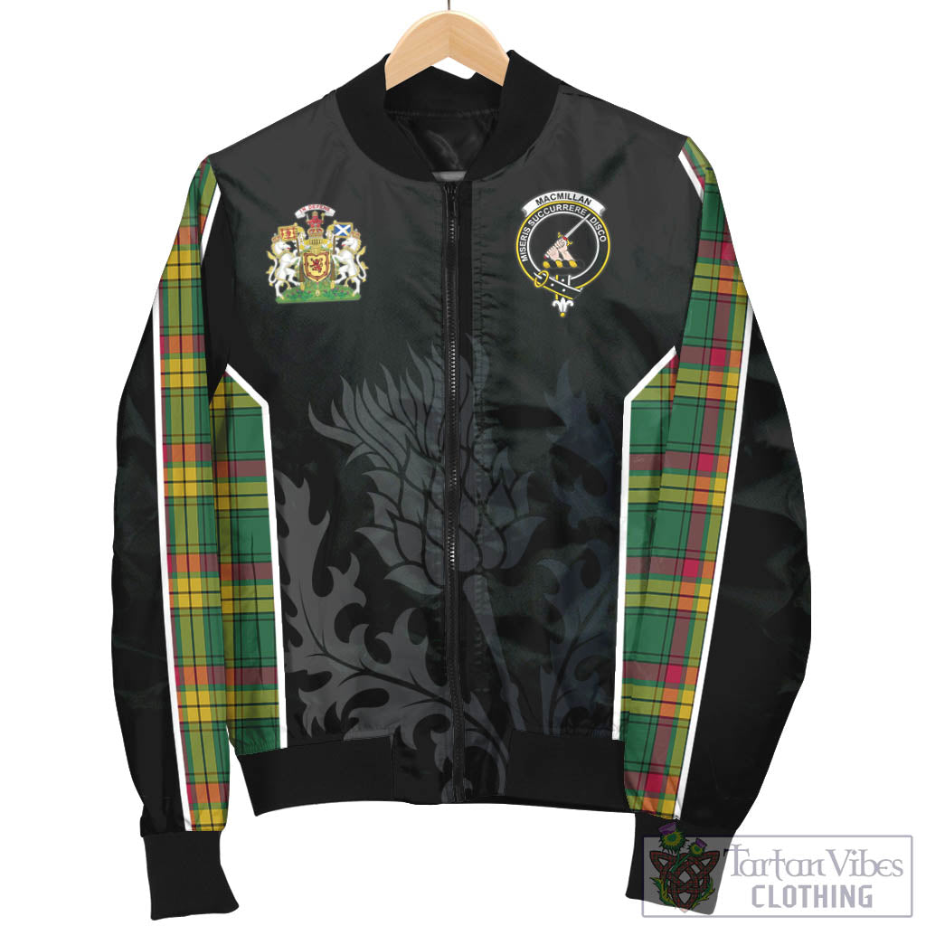 Tartan Vibes Clothing MacMillan Old Ancient Tartan Bomber Jacket with Family Crest and Scottish Thistle Vibes Sport Style