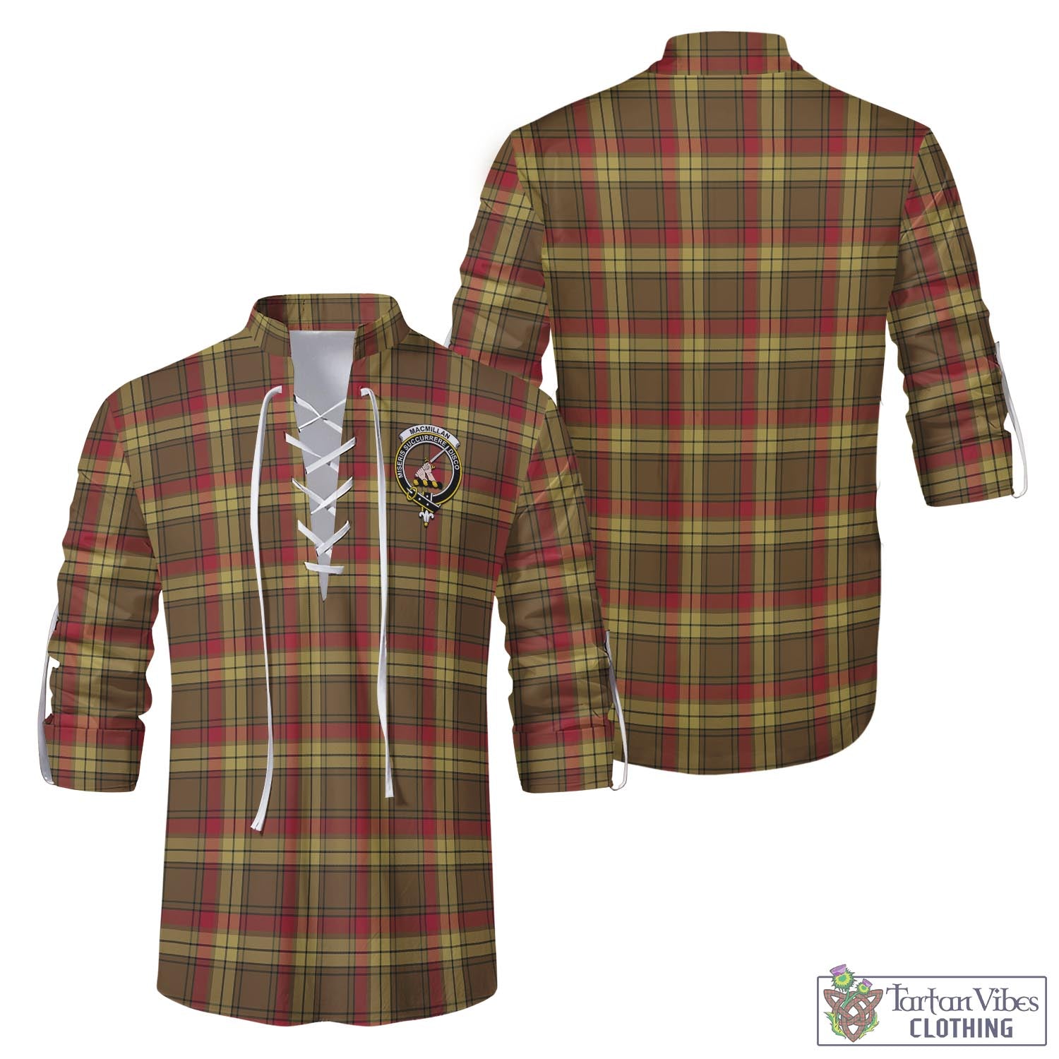Tartan Vibes Clothing MacMillan Old Weathered Tartan Men's Scottish Traditional Jacobite Ghillie Kilt Shirt with Family Crest