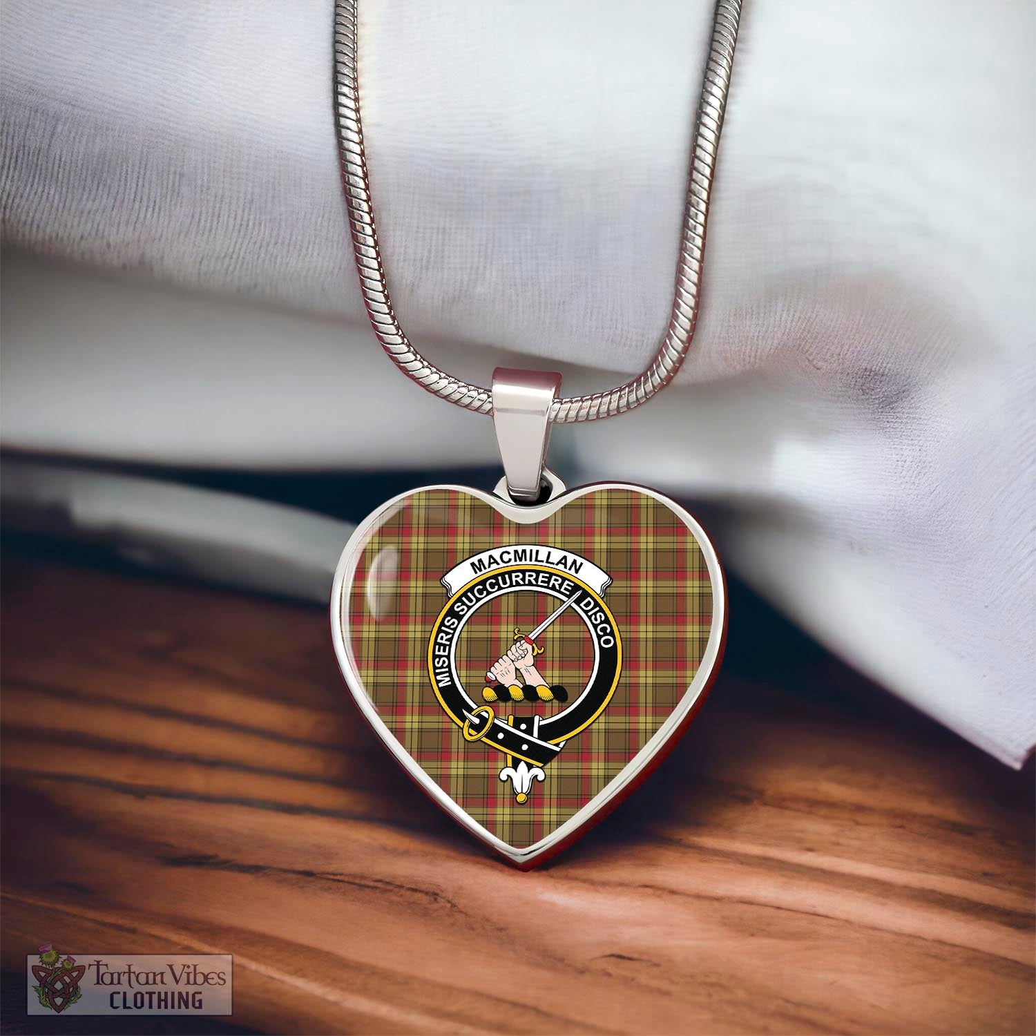 Tartan Vibes Clothing MacMillan Old Weathered Tartan Heart Necklace with Family Crest