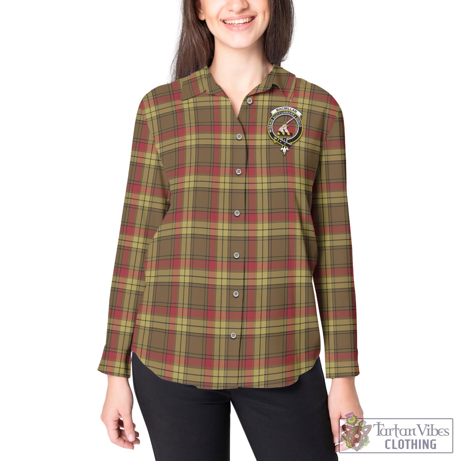 Tartan Vibes Clothing MacMillan Old Weathered Tartan Womens Casual Shirt with Family Crest
