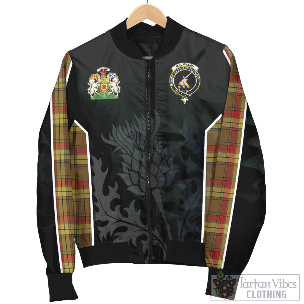 Tartan Vibes Clothing MacMillan Old Weathered Tartan Bomber Jacket with Family Crest and Scottish Thistle Vibes Sport Style