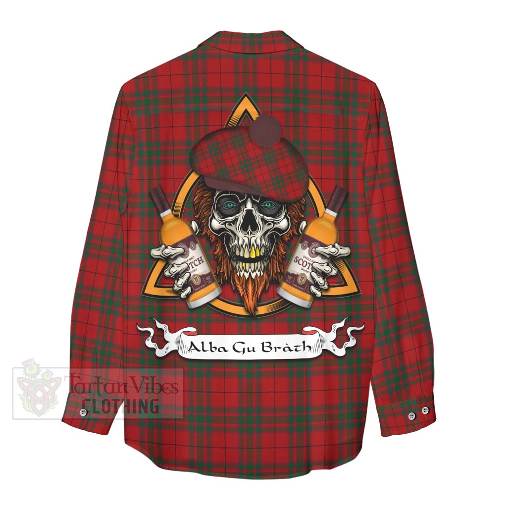 Tartan Vibes Clothing MacNab (McNab) Tartan Women's Casual Shirt with Family Crest and Bearded Skull Holding Bottles of Whiskey
