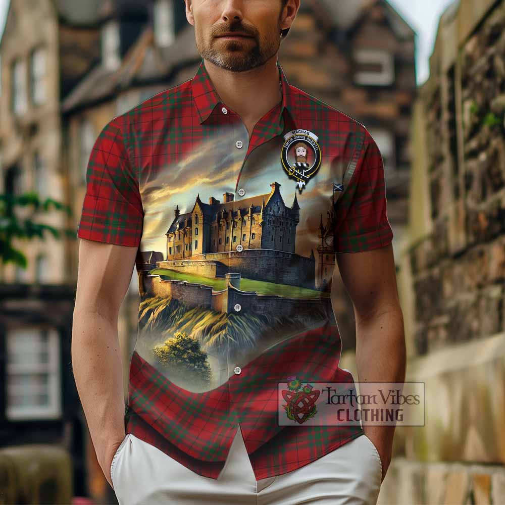 Tartan Vibes Clothing MacNab (McNab) Tartan Family Crest Short Sleeve Button Shirt with Scottish Ancient Castle Style