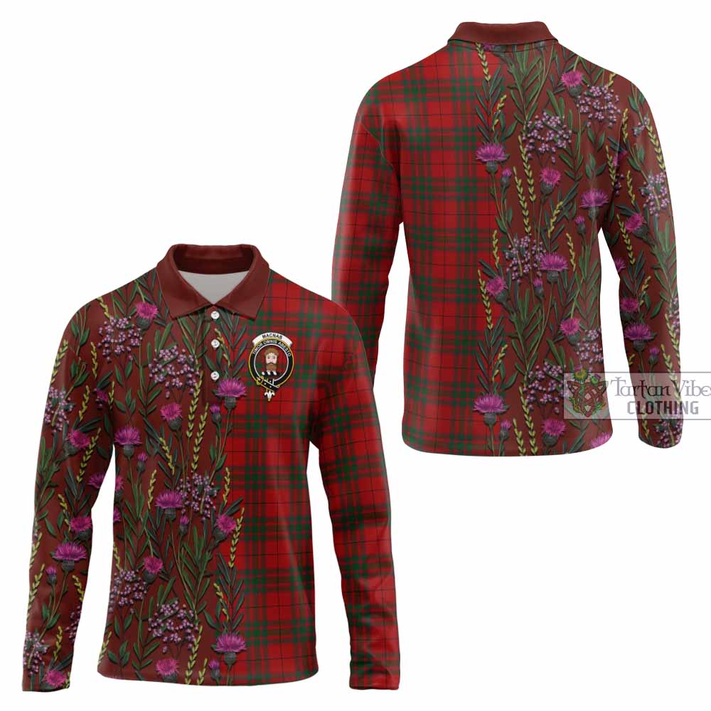 MacNab (McNab) Family Crest Tartan Long Sleeve Polo Shirt Scottish Thistle Flower Pattern Half Style - Tartan Vibes Clothing