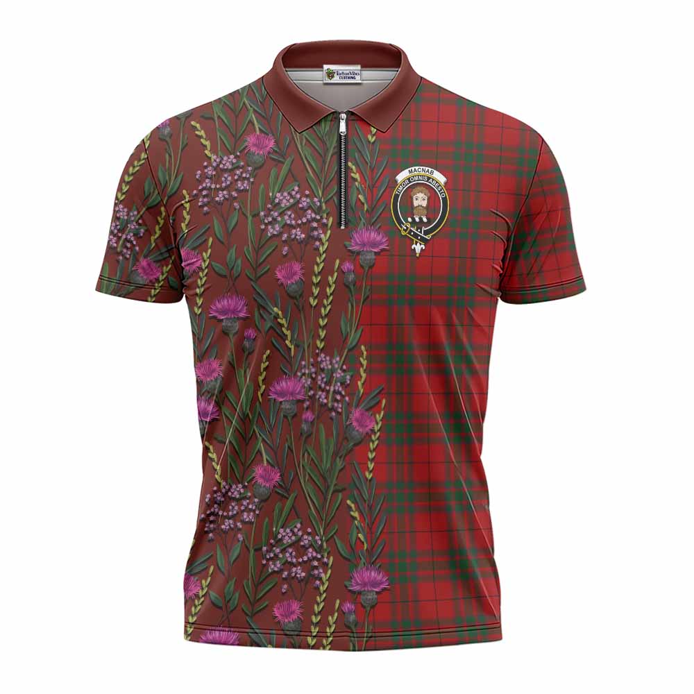 MacNab (McNab) Family Crest Tartan Zipper Polo Shirt Scottish Thistle Flower Pattern Half Style - Tartan Vibes Clothing