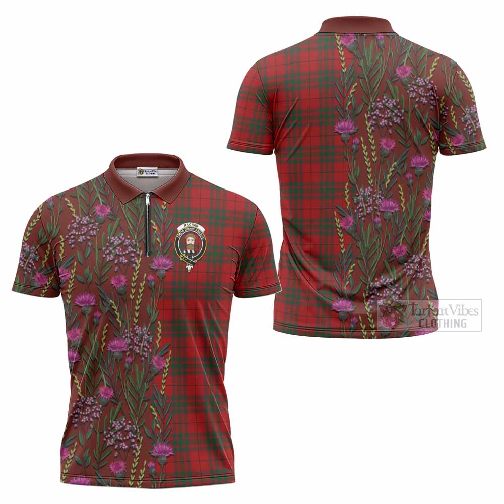 MacNab (McNab) Family Crest Tartan Zipper Polo Shirt Scottish Thistle Flower Pattern Half Style - Tartan Vibes Clothing
