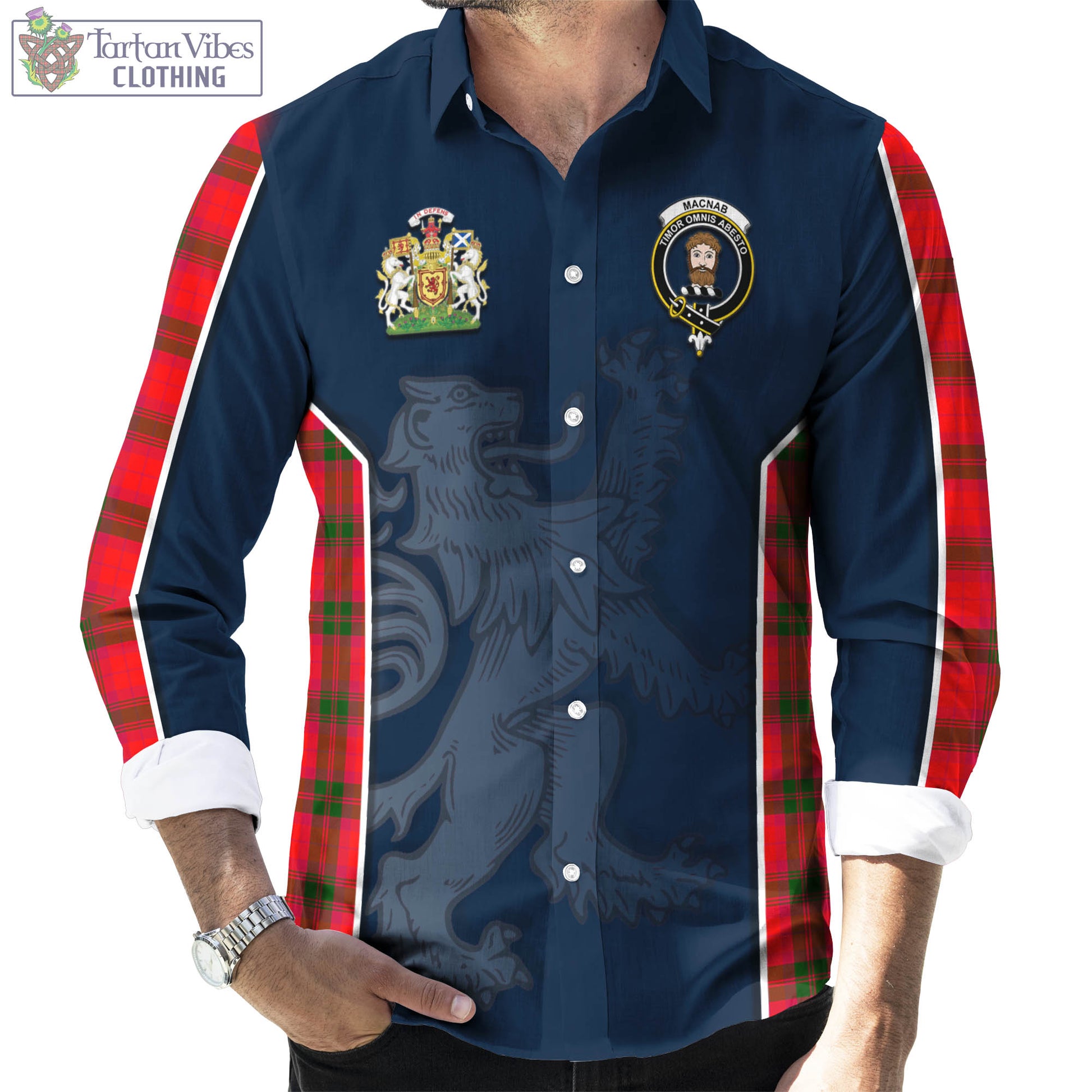 Tartan Vibes Clothing MacNab Modern Tartan Long Sleeve Button Up Shirt with Family Crest and Lion Rampant Vibes Sport Style