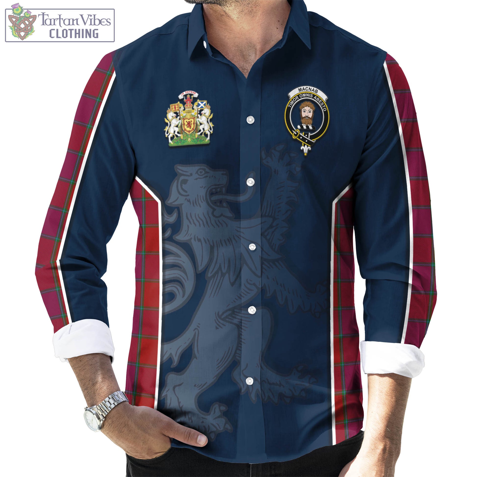 Tartan Vibes Clothing MacNab Old Tartan Long Sleeve Button Up Shirt with Family Crest and Lion Rampant Vibes Sport Style