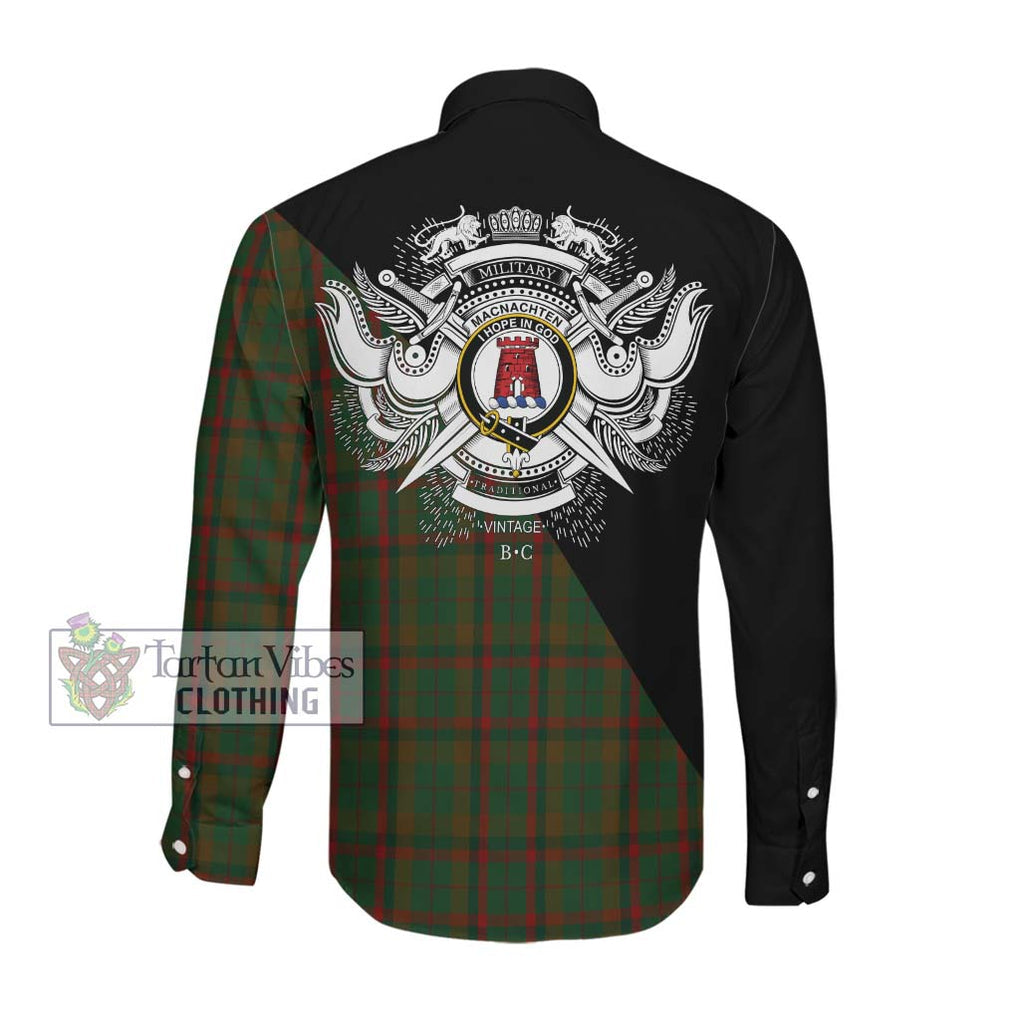 MacNachten Hunting Tartan Long Sleeve Button Shirt with Family Crest and Military Logo Style Men's Shirt - Tartanvibesclothing Shop