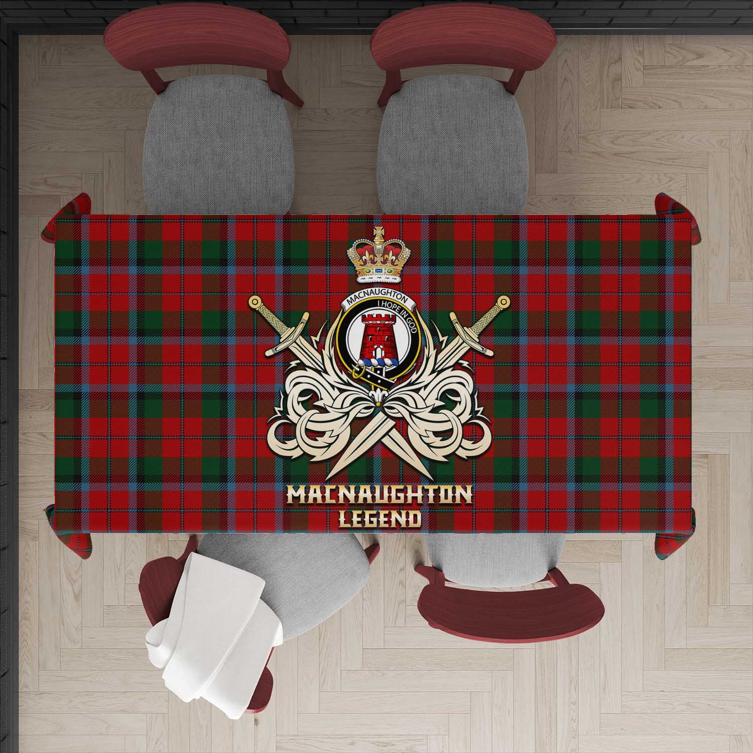 Tartan Vibes Clothing MacNaughton Tartan Tablecloth with Clan Crest and the Golden Sword of Courageous Legacy