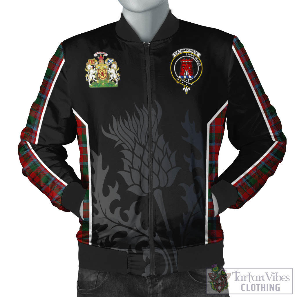 Tartan Vibes Clothing MacNaughton Tartan Bomber Jacket with Family Crest and Scottish Thistle Vibes Sport Style