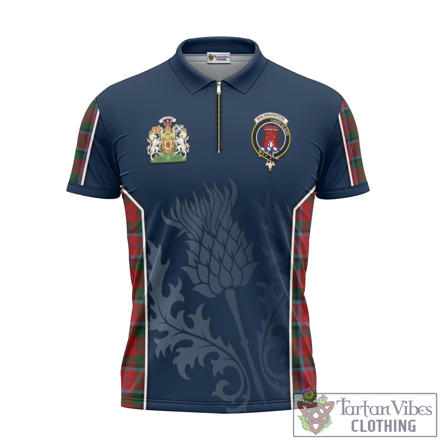 Tartan Vibes Clothing MacNaughton Tartan Zipper Polo Shirt with Family Crest and Scottish Thistle Vibes Sport Style