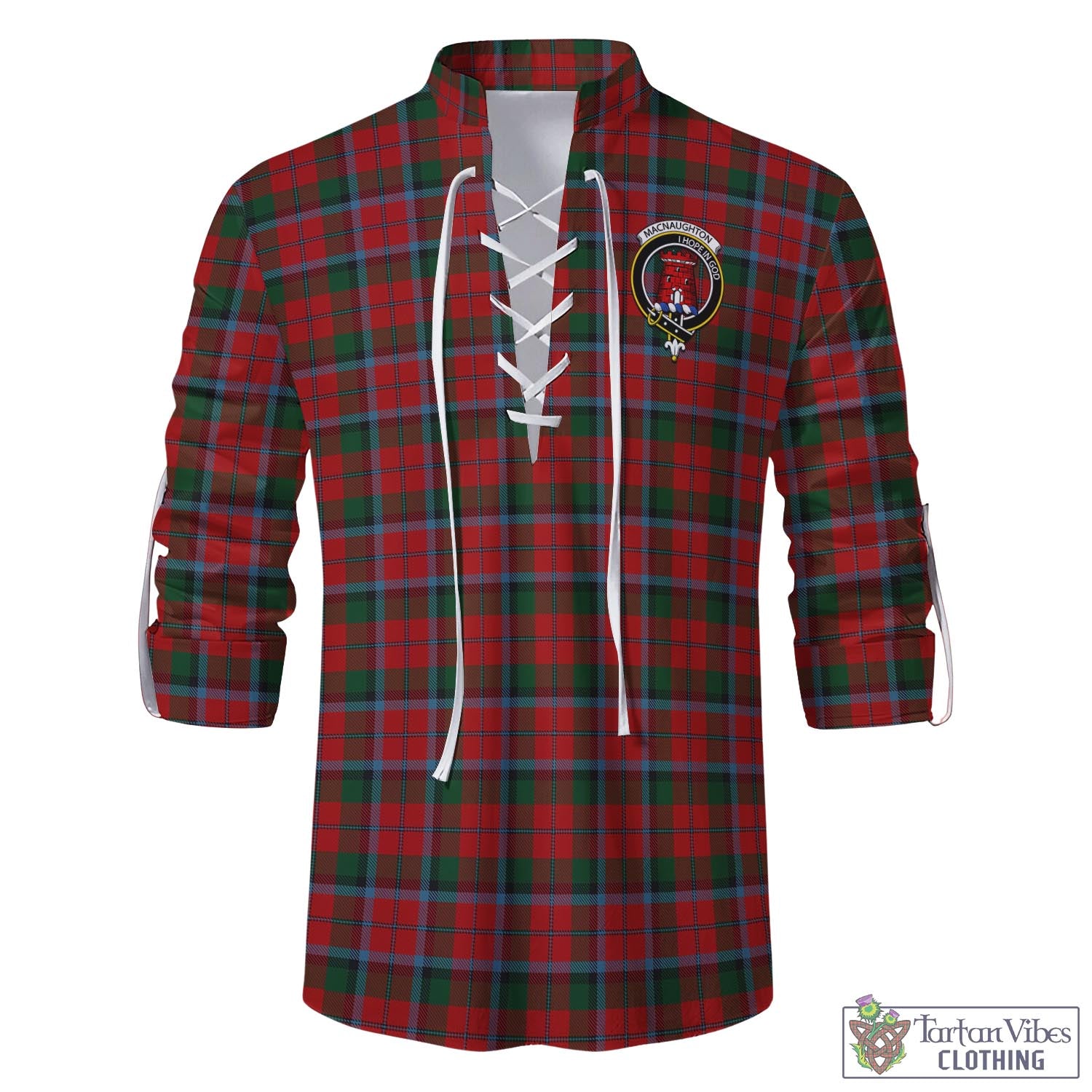 Tartan Vibes Clothing MacNaughton Tartan Men's Scottish Traditional Jacobite Ghillie Kilt Shirt with Family Crest
