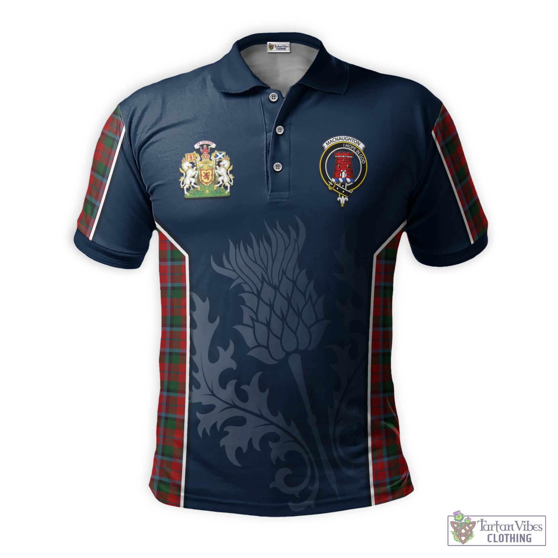 Tartan Vibes Clothing MacNaughton Tartan Men's Polo Shirt with Family Crest and Scottish Thistle Vibes Sport Style