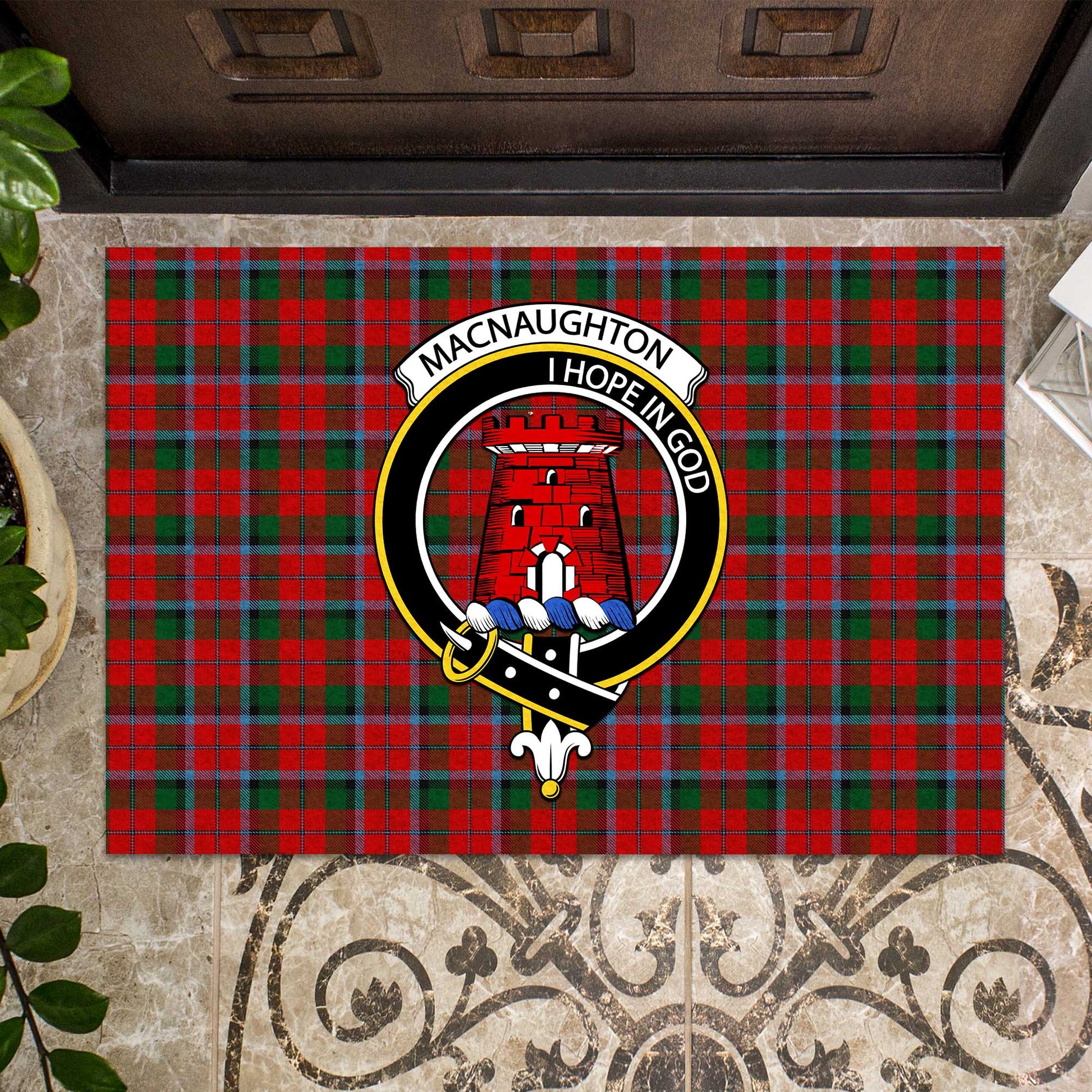 MacNaughton Tartan Door Mat with Family Crest - Tartanvibesclothing