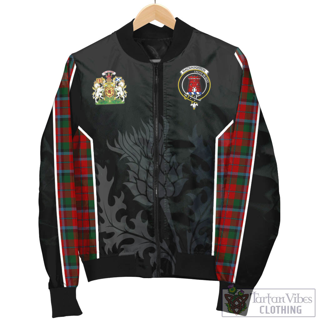Tartan Vibes Clothing MacNaughton Tartan Bomber Jacket with Family Crest and Scottish Thistle Vibes Sport Style