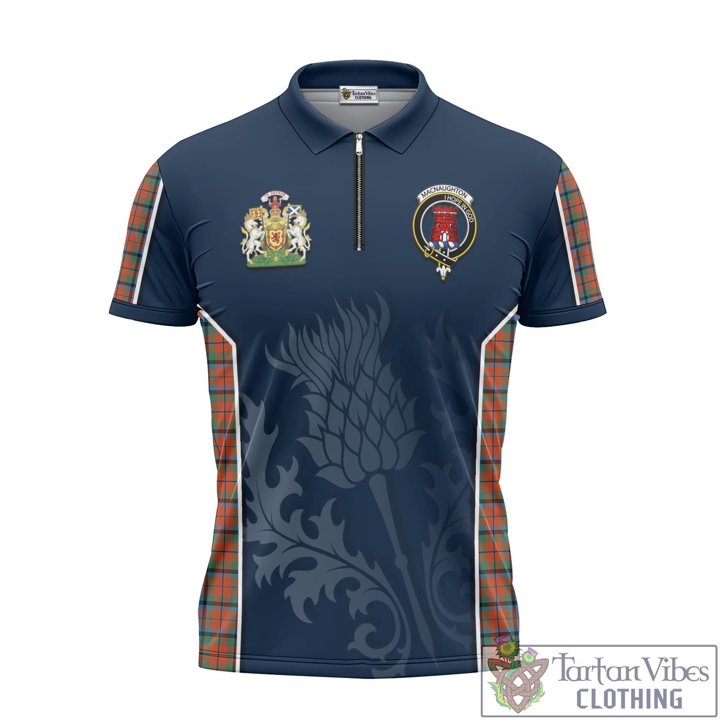 Tartan Vibes Clothing MacNaughton Ancient Tartan Zipper Polo Shirt with Family Crest and Scottish Thistle Vibes Sport Style