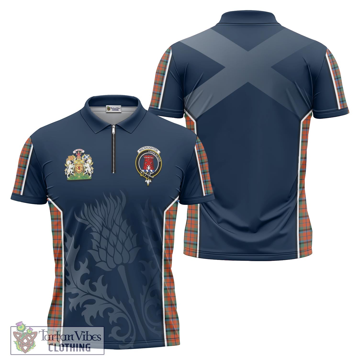 Tartan Vibes Clothing MacNaughton Ancient Tartan Zipper Polo Shirt with Family Crest and Scottish Thistle Vibes Sport Style