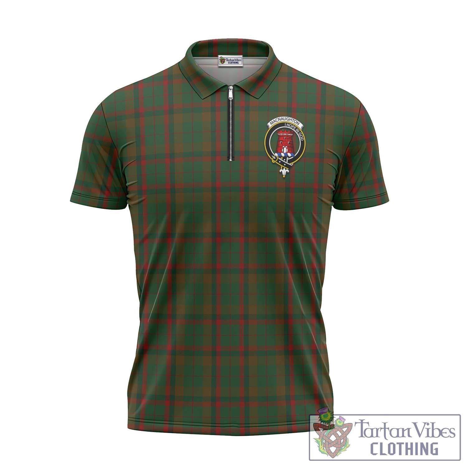 Tartan Vibes Clothing Macnaughton Hunting Tartan Zipper Polo Shirt with Family Crest