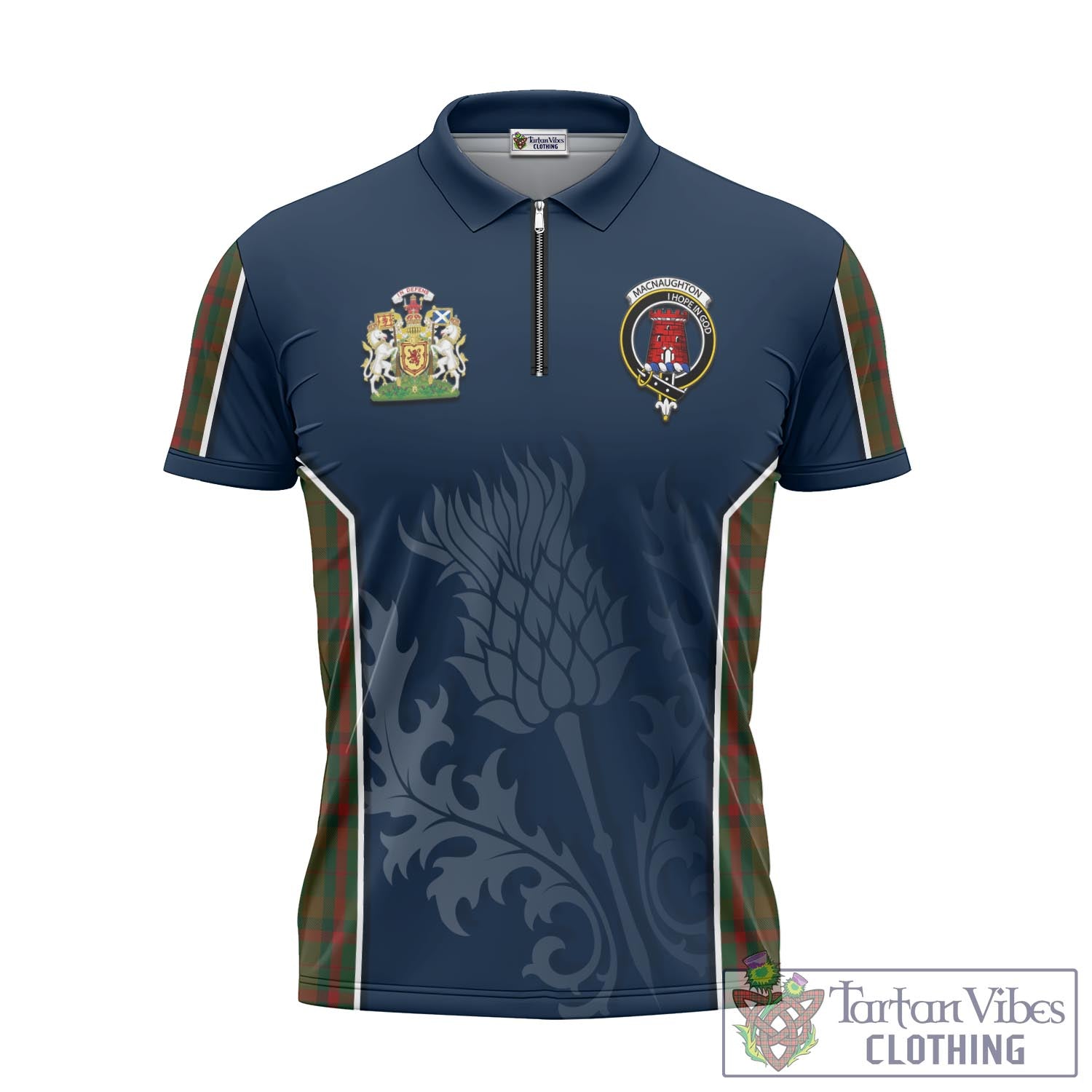 Tartan Vibes Clothing Macnaughton Hunting Tartan Zipper Polo Shirt with Family Crest and Scottish Thistle Vibes Sport Style