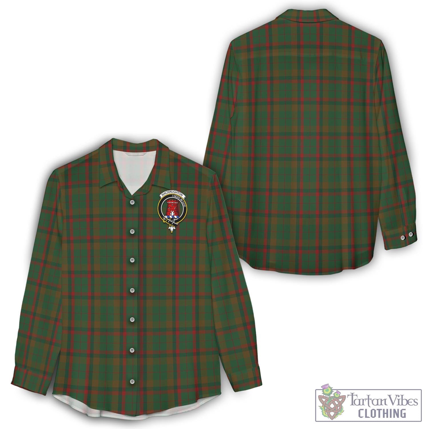 Tartan Vibes Clothing Macnaughton Hunting Tartan Womens Casual Shirt with Family Crest