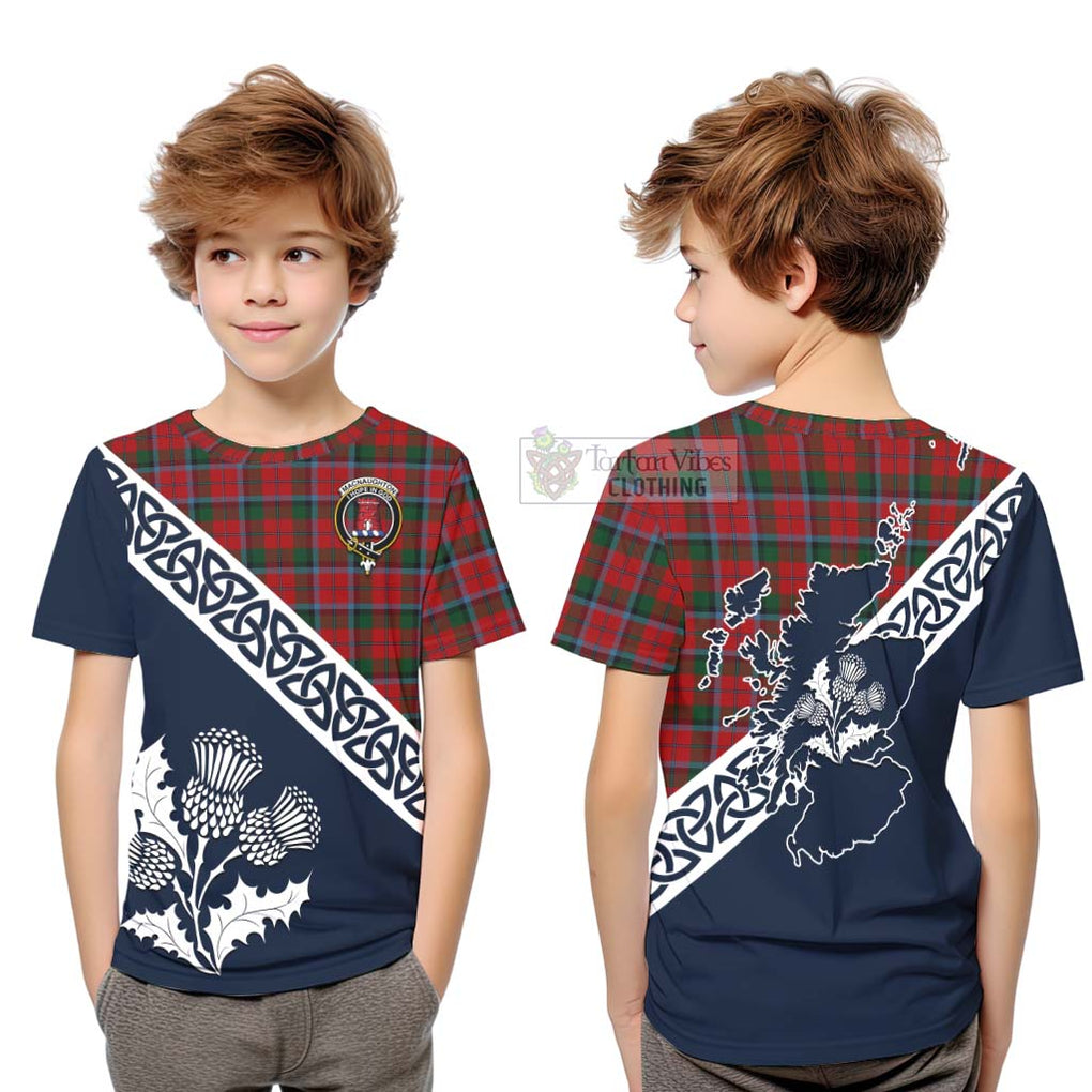Tartan Vibes Clothing MacNaughton (McNaughton) Tartan Kid T-Shirt Featuring Thistle and Scotland Map