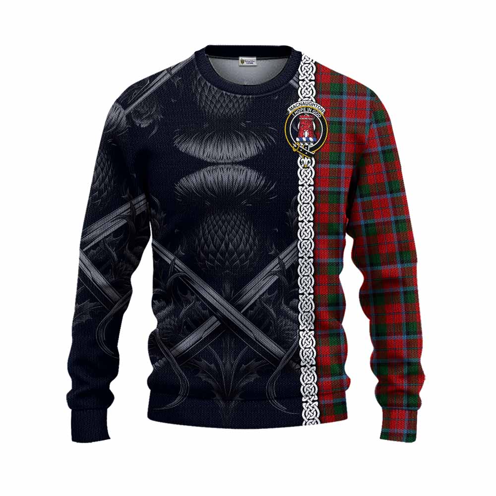 Tartan Vibes Clothing MacNaughton (McNaughton) Tartan Knitted Sweater with Family Crest Cross Sword Thistle Celtic Vibes