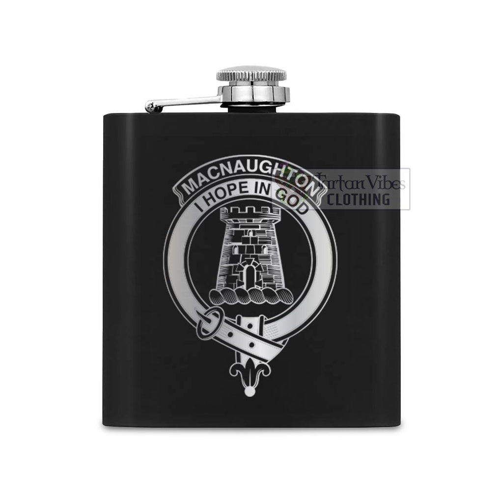 Tartan Vibes Clothing MacNaughton (McNaughton) Crest Hip Flask Set 7oz Black Stainless Steel with A Gift Box