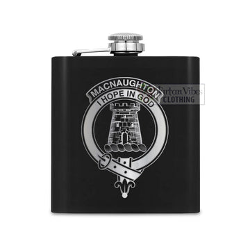 Tartan Vibes Clothing MacNaughton (McNaughton) Crest Hip Flask Set 7oz Black Stainless Steel with A Gift Box
