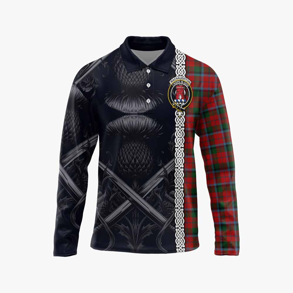 Tartan Vibes Clothing MacNaughton (McNaughton) Tartan Long Sleeve Polo Shirt with Family Crest Cross Sword Thistle Celtic Vibes