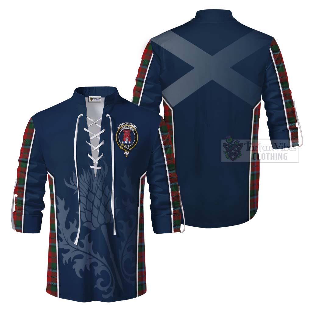 Tartan Vibes Clothing MacNaughton (McNaughton) Tartan Ghillie Kilt Shirt with Family Crest and Scottish Thistle Vibes Sport Style