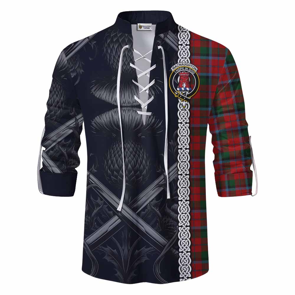 Tartan Vibes Clothing MacNaughton (McNaughton) Tartan Ghillie Kilt Shirt with Family Crest Cross Sword Thistle Celtic Vibes