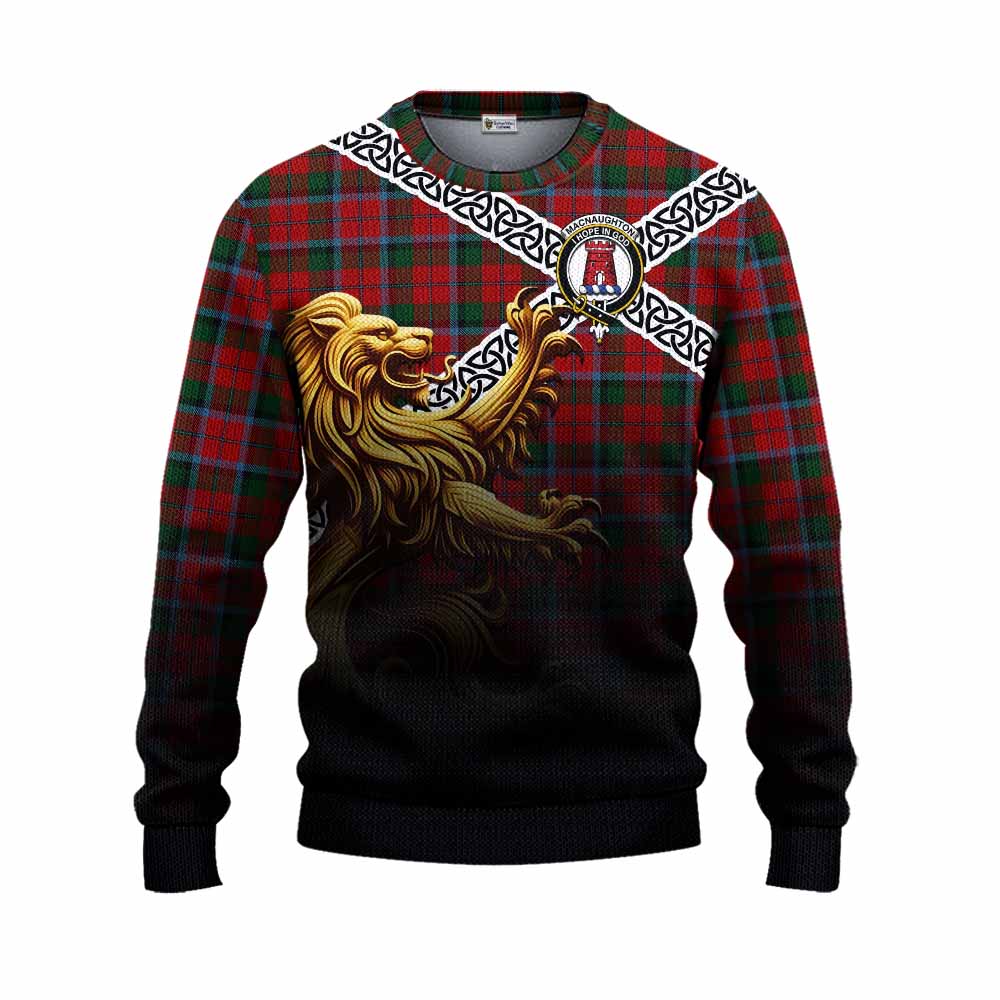 Tartan Vibes Clothing MacNaughton (McNaughton) Crest Tartan Knitted Sweater with Golden Lion Emblem Celtic Style