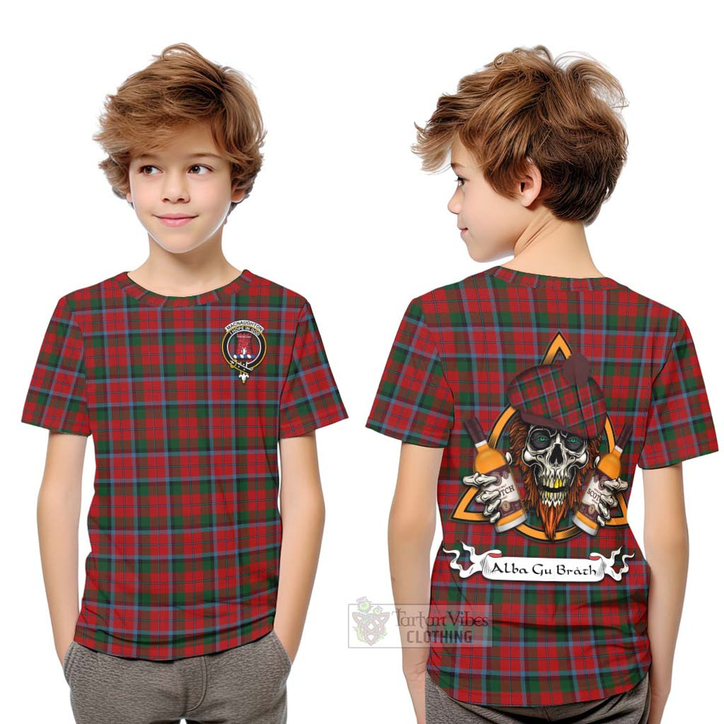 Tartan Vibes Clothing MacNaughton (McNaughton) Tartan Kid T-Shirt with Family Crest and Bearded Skull Holding Bottles of Whiskey