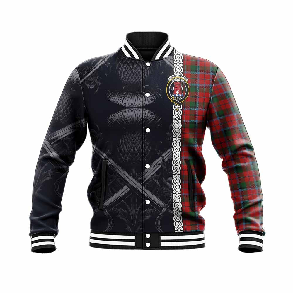 Tartan Vibes Clothing MacNaughton (McNaughton) Tartan Baseball Jacket with Family Crest Cross Sword Thistle Celtic Vibes
