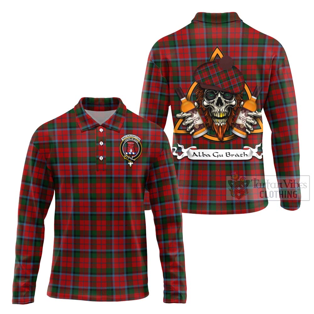Tartan Vibes Clothing MacNaughton (McNaughton) Tartan Long Sleeve Polo Shirt with Family Crest and Bearded Skull Holding Bottles of Whiskey