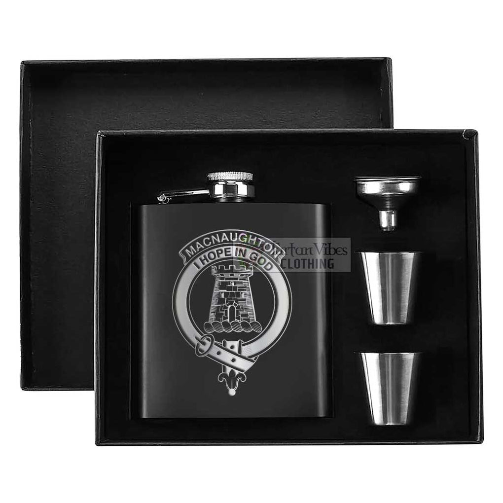 Tartan Vibes Clothing MacNaughton (McNaughton) Crest Hip Flask Set 7oz Black Stainless Steel with A Gift Box