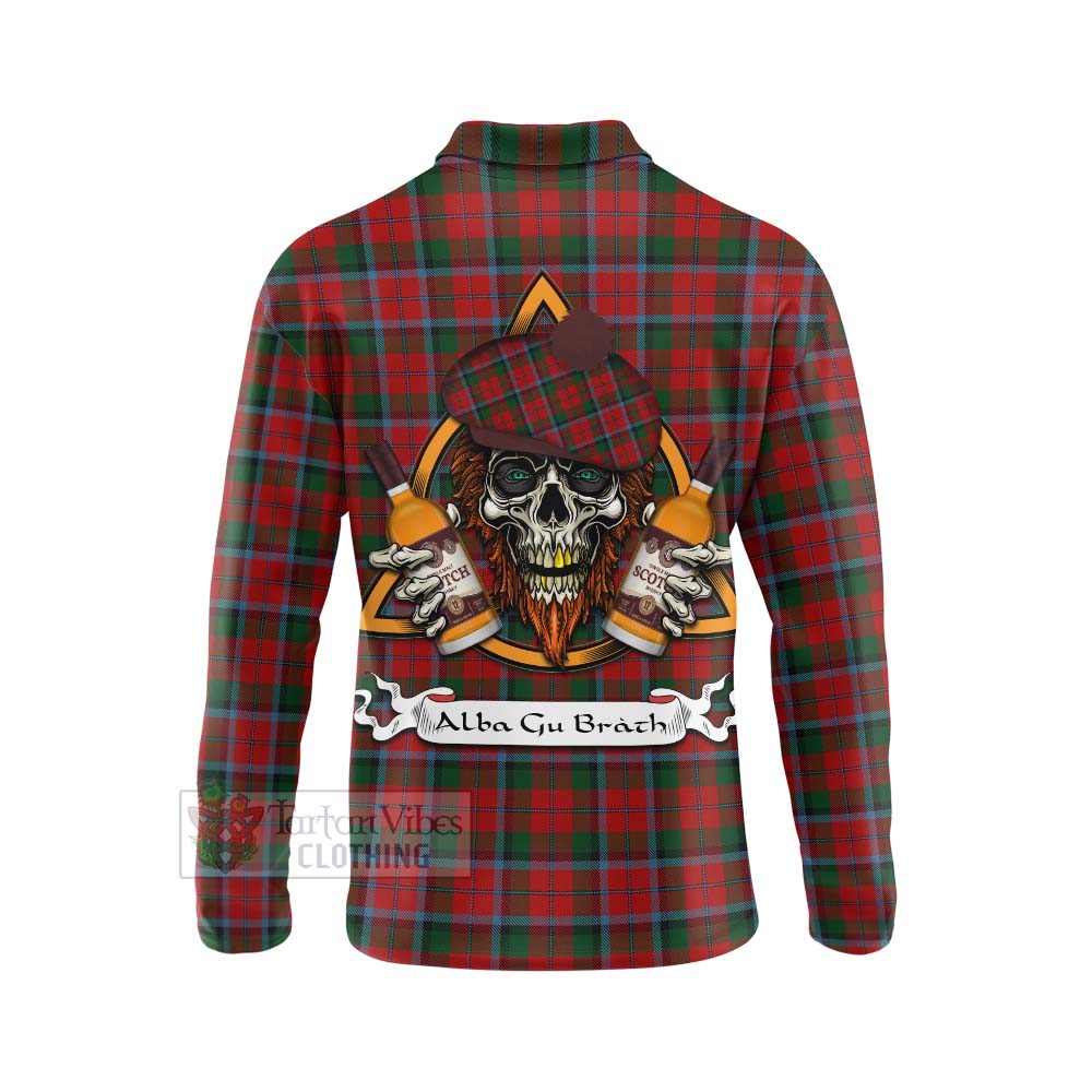 Tartan Vibes Clothing MacNaughton (McNaughton) Tartan Long Sleeve Polo Shirt with Family Crest and Bearded Skull Holding Bottles of Whiskey