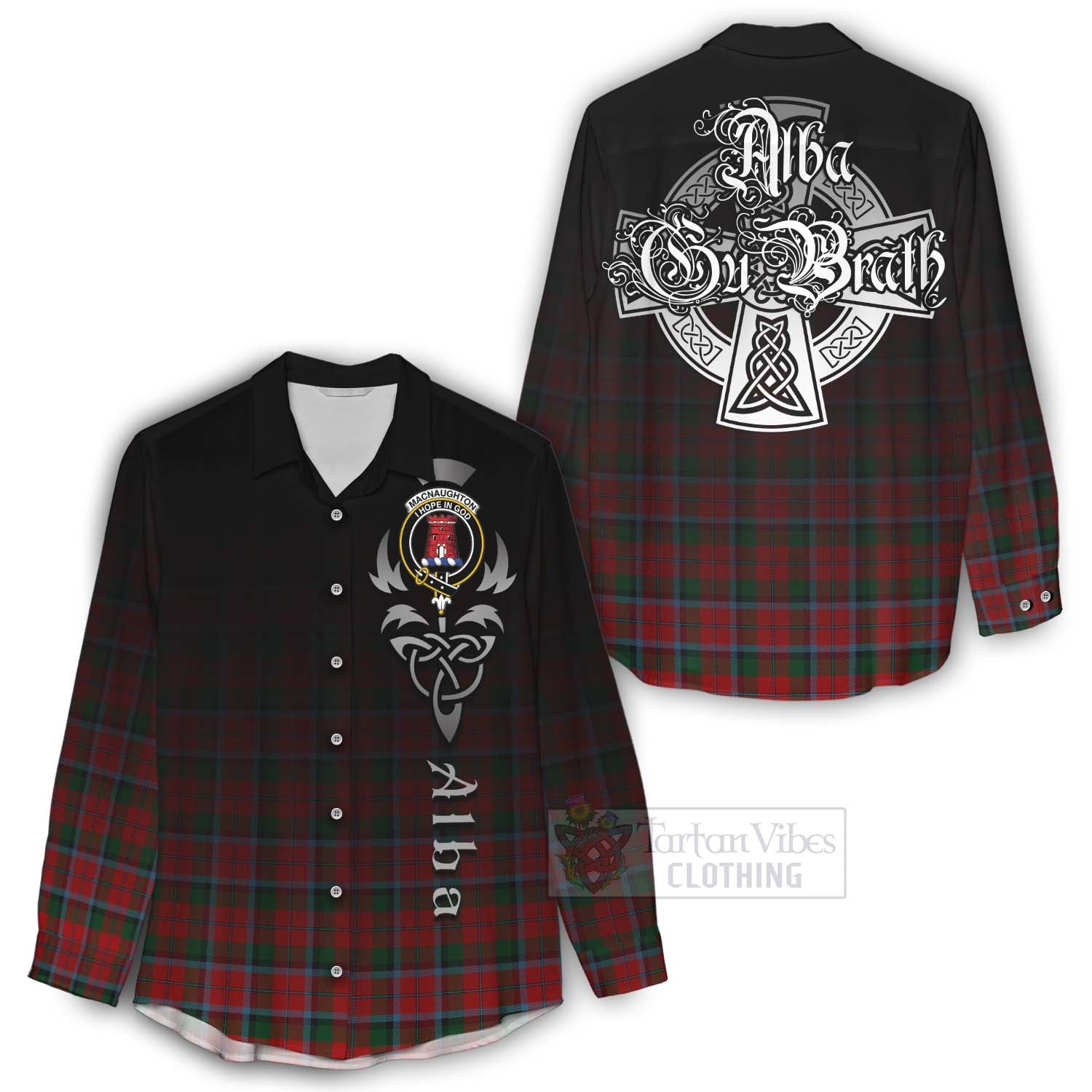 Tartan Vibes Clothing MacNaughton (McNaughton) Tartan Women's Casual Shirt Featuring Alba Gu Brath Family Crest Celtic Inspired