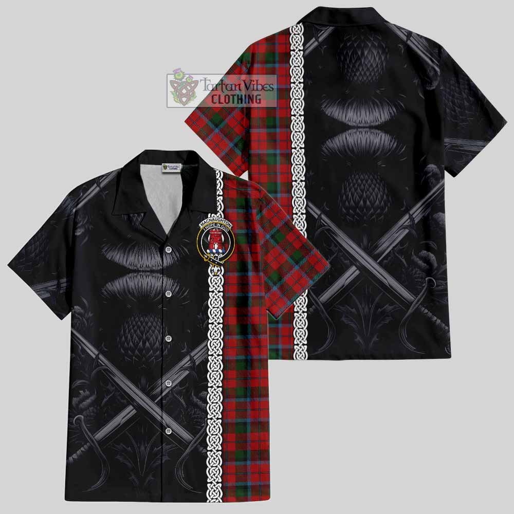Tartan Vibes Clothing MacNaughton (McNaughton) Tartan Short Sleeve Button Shirt with Family Crest Cross Sword Thistle Celtic Vibes