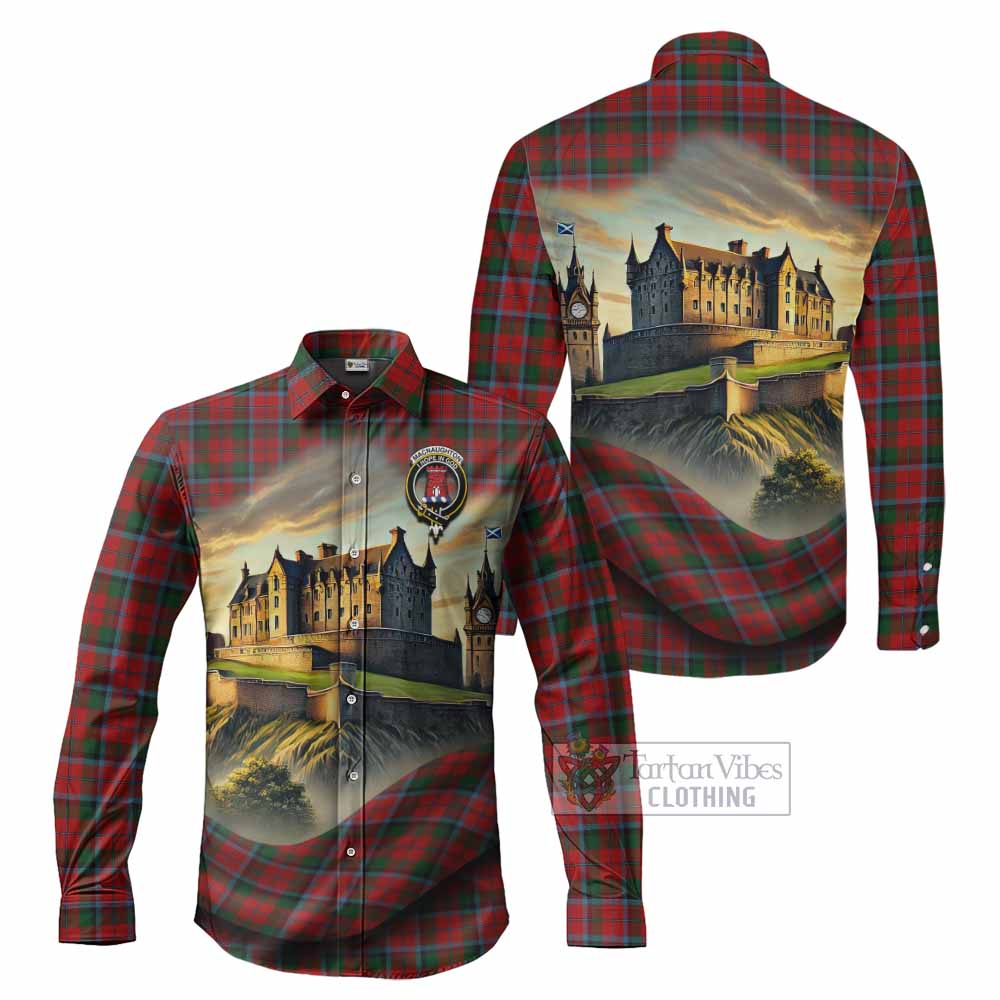 Tartan Vibes Clothing MacNaughton (McNaughton) Tartan Family Crest Long Sleeve Button Shirt with Scottish Ancient Castle Style