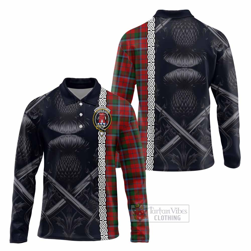 Tartan Vibes Clothing MacNaughton (McNaughton) Tartan Long Sleeve Polo Shirt with Family Crest Cross Sword Thistle Celtic Vibes