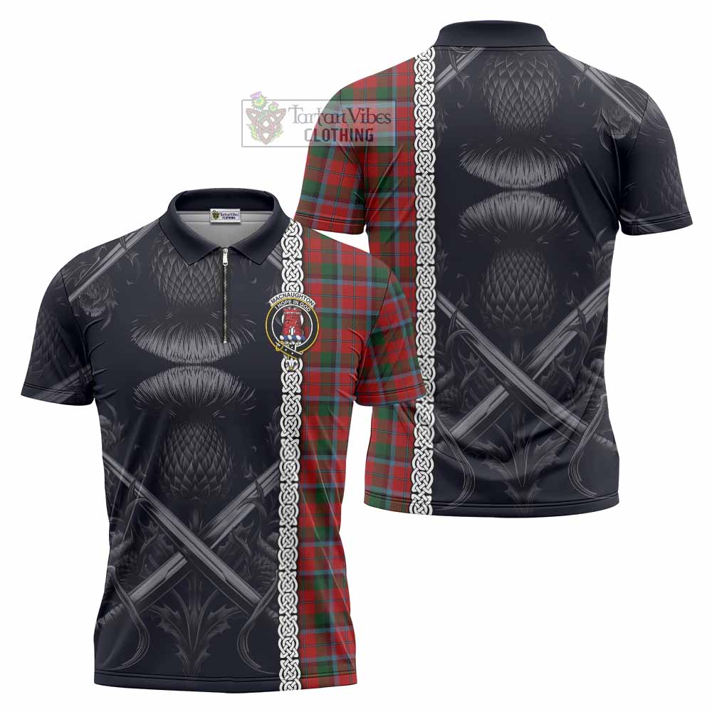Tartan Vibes Clothing MacNaughton (McNaughton) Tartan Zipper Polo Shirt with Family Crest Cross Sword Thistle Celtic Vibes